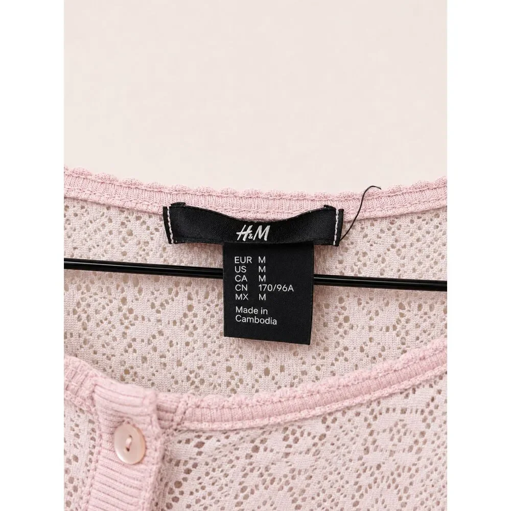 H&M Women Size M Soft Blush Pink Lace Yoke Henley Top Romantic Coquette Pullover